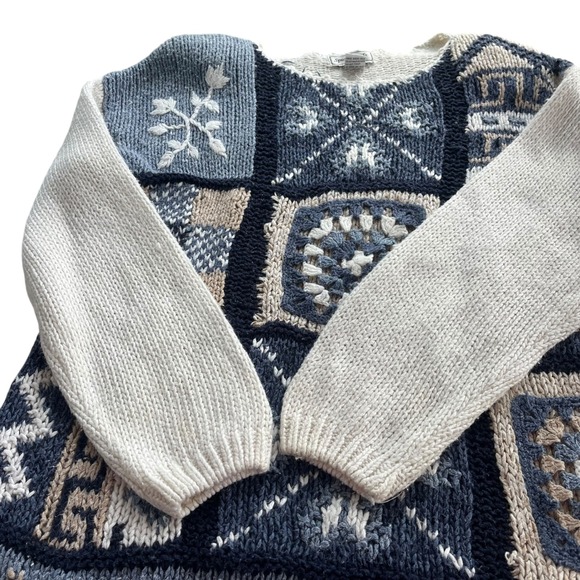 Spice of Life Vintage Med Blue Beige Patchwork Granny Square Sweater Cottagecore - Picture 10 of 16